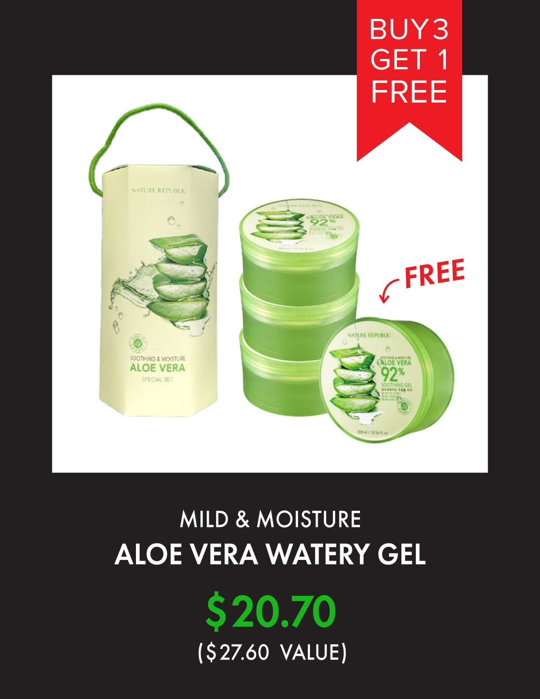Buy 3 Get 1 Free - Mild & Moisture Aloe Vera Watery Gel - Nature Republic