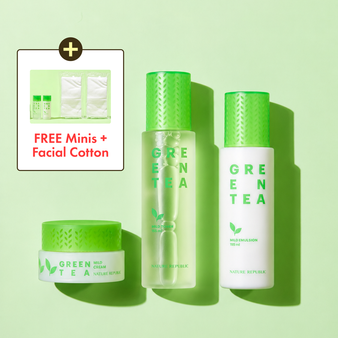 Pure Green Tea Skin Care Set [Includes Free Travel Size Toner, Emulsion, and Facial Cotton] - Nature Republic