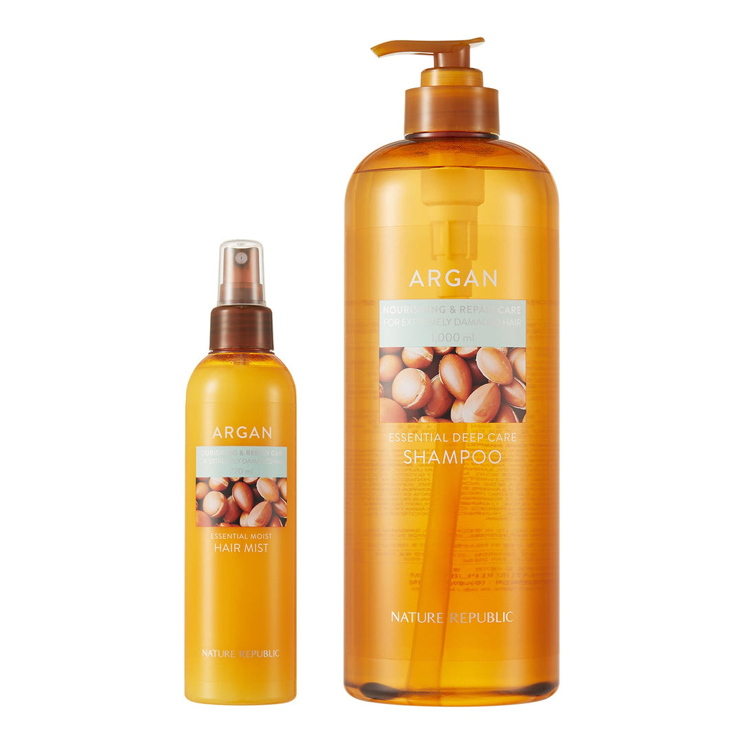 Argan Essential Moisturizing Hair Care Duo - Jumbo Shampoo & Hair Mist - Nature Republic