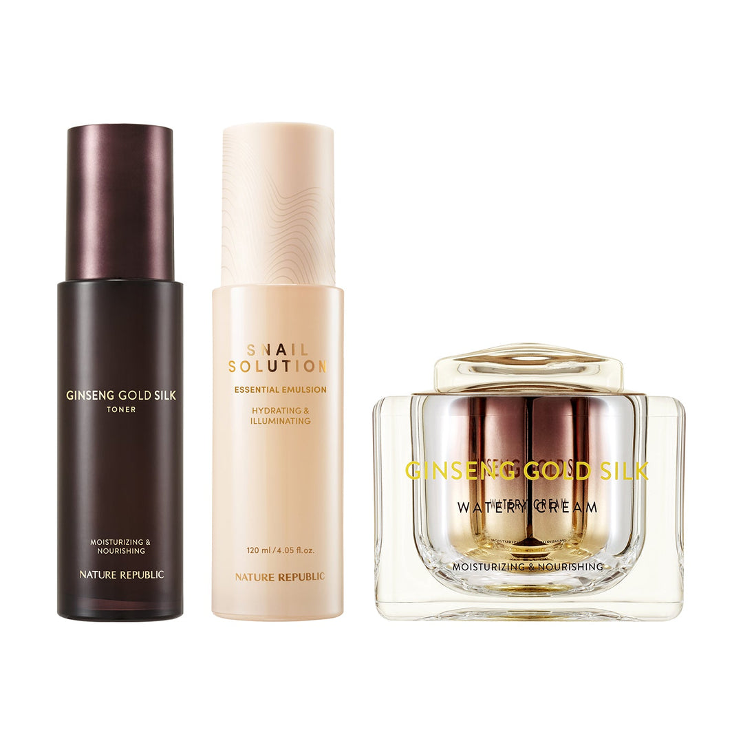 3 Step: Ginseng Gold Silk &amp; Snail Solution Anti-Aging Skincare Set - Nature Republic