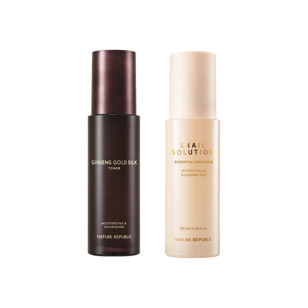 Ginseng Gold Silk Toner & Snail Solution Essential Emulsion Daily Duo - Nature Republic