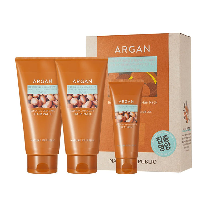 Argan Essential Deep Care Hair Pack Double Set [Hair Pack x2 + BONUS No Wash Treatment] - Nature Republic